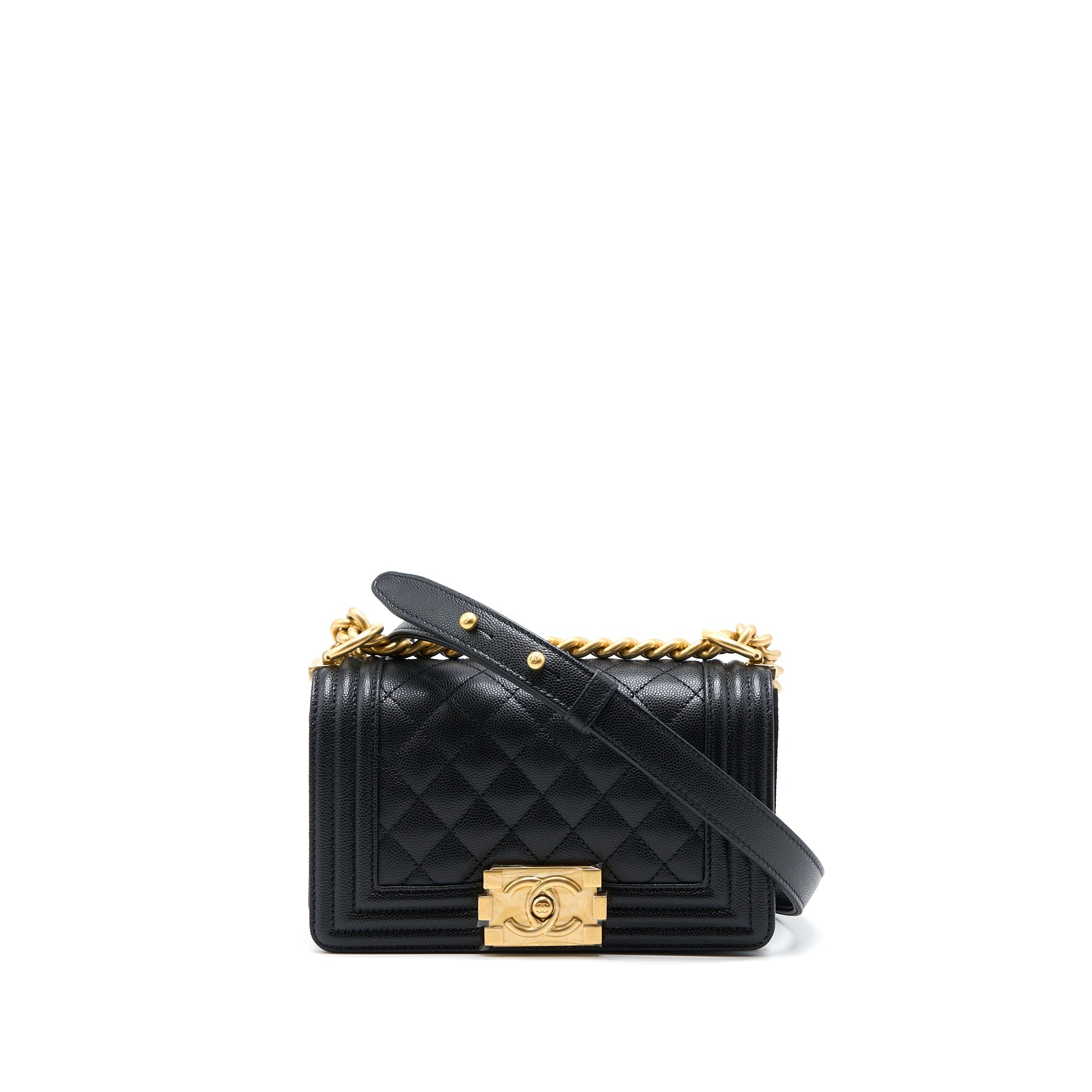CHANEL SMALL BOY BAG CAVIAR BLACK WITH BRUSHED GHW(MICROCHIP)