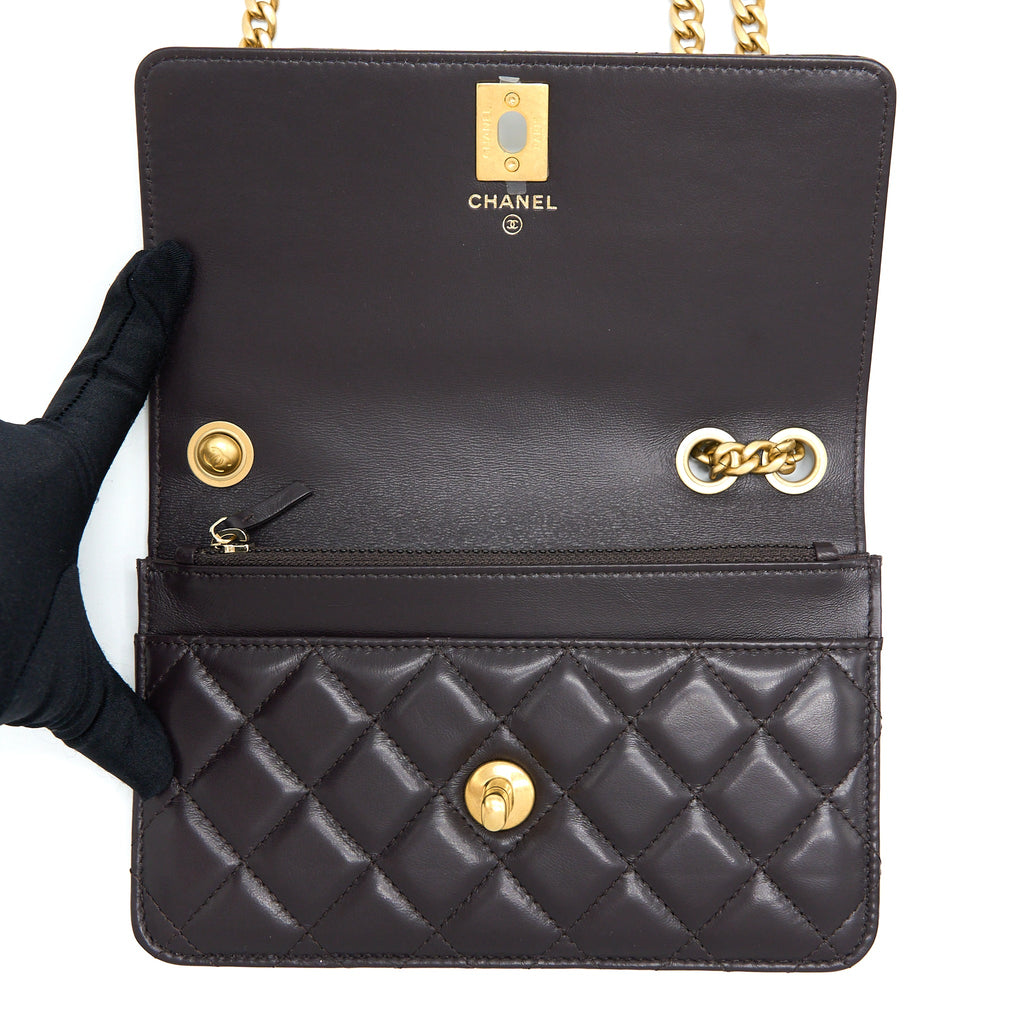CHANEL GOLD PILLAR WALLET ON CHAIN LAMBSKIN DARK BROWN BRUSHED GHW(MICROCHIP)