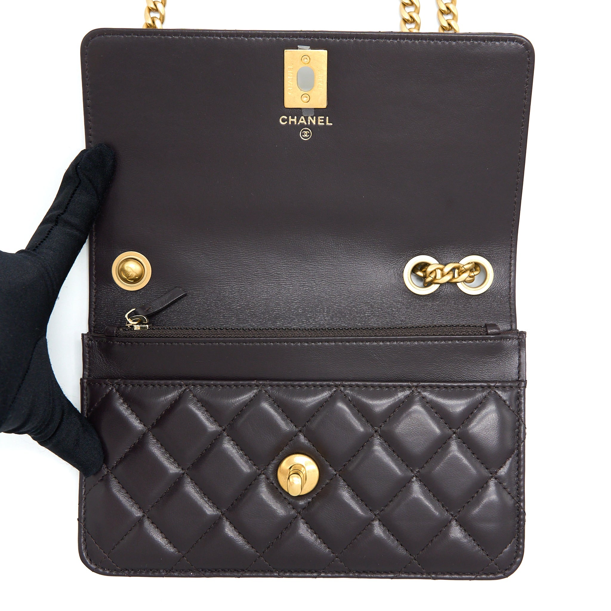 CHANEL GOLD PILLAR WALLET ON CHAIN LAMBSKIN DARK BROWN BRUSHED GHW(MICROCHIP)