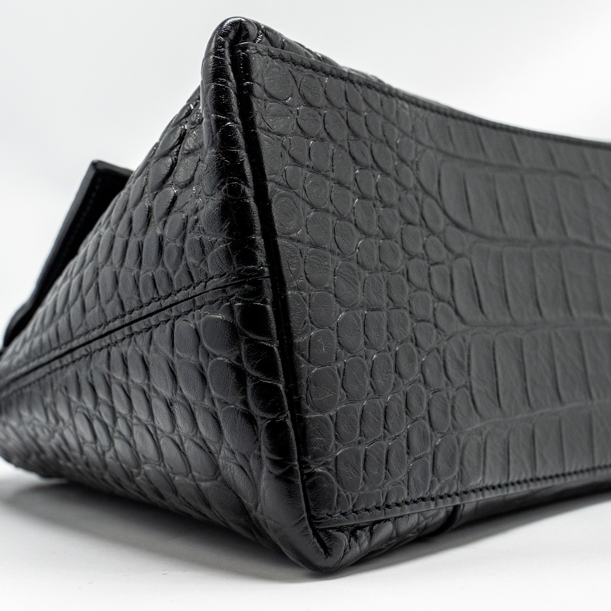 BALENCIAGA LIMITED EDITION DOWNTOWN SMALL SHOULDER BAG CROC-EMBOSSED CALFSKIN BLACK WITH BLACK HARDWARE