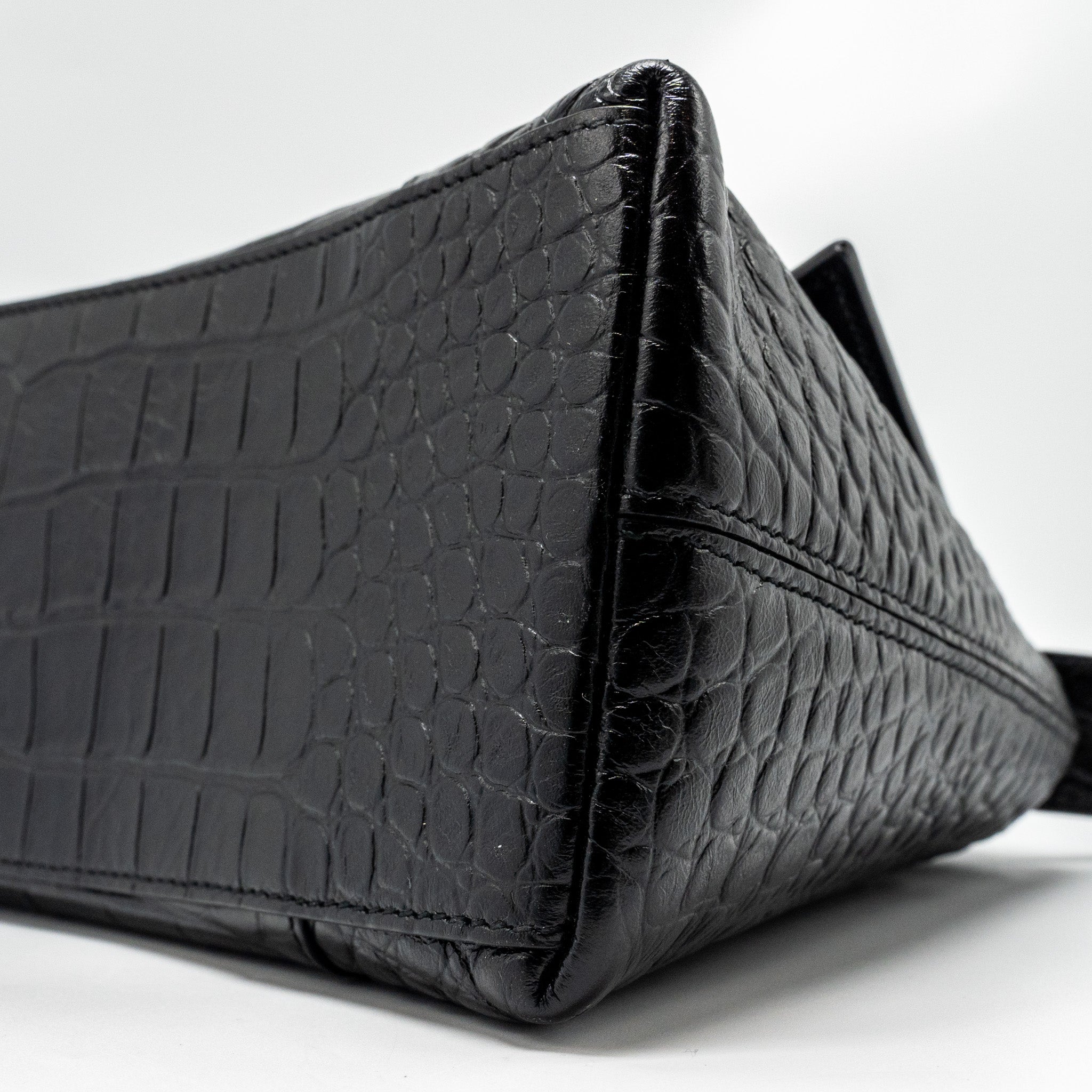 BALENCIAGA LIMITED EDITION DOWNTOWN SMALL SHOULDER BAG CROC-EMBOSSED CALFSKIN BLACK WITH BLACK HARDWARE