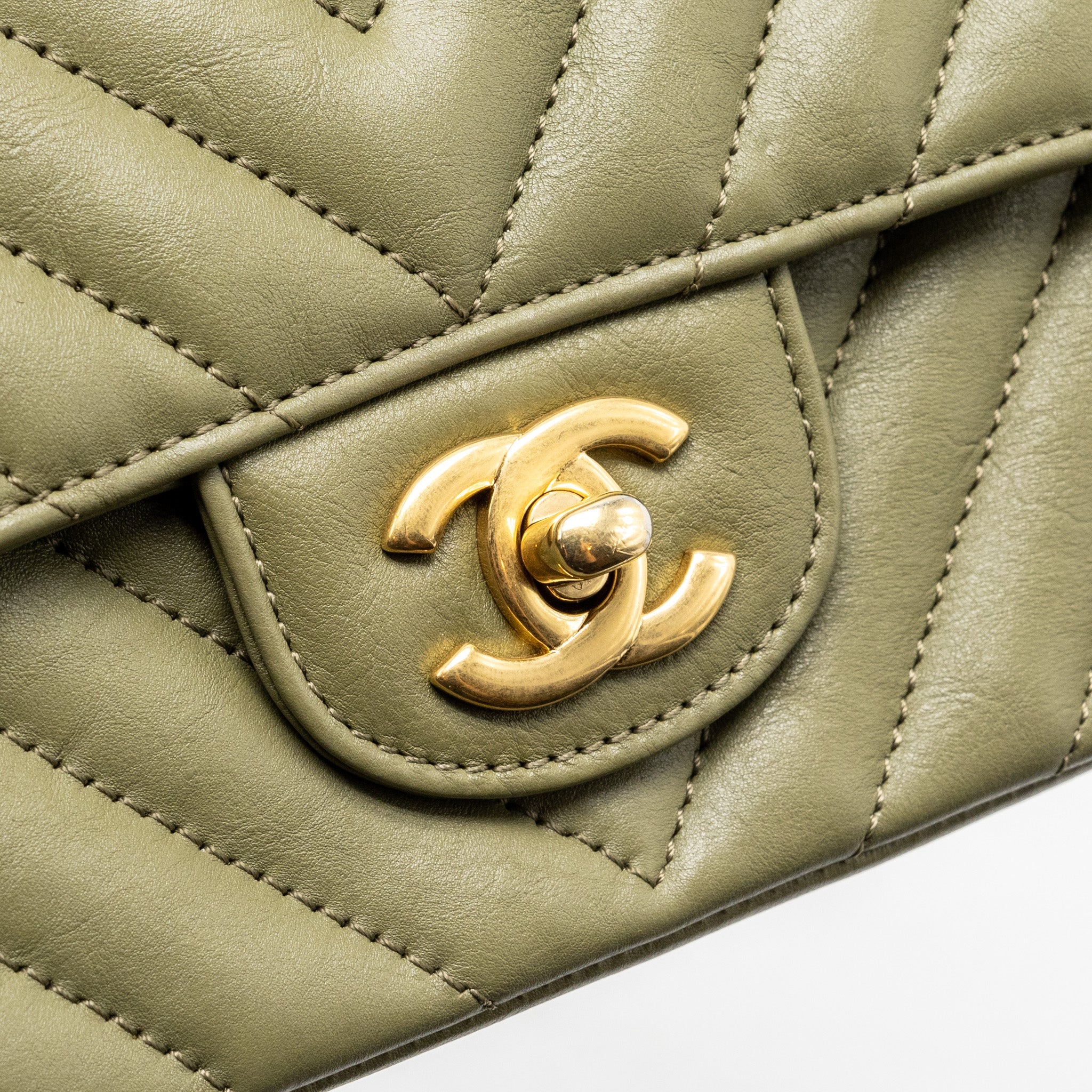 CHANEL CHEVRON MINI RECTANGULAR FLAP BAG CALFSKIN KHAKI GHW