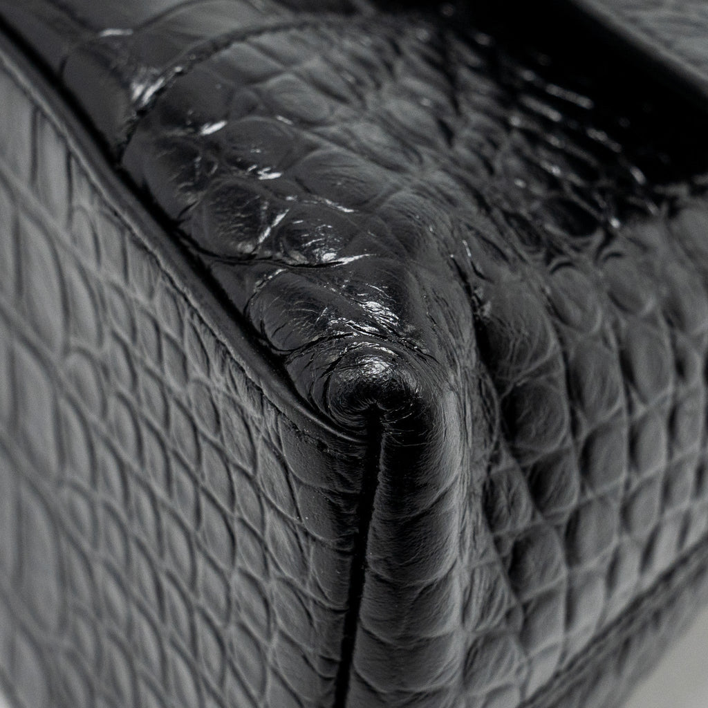 BALENCIAGA LIMITED EDITION DOWNTOWN SMALL SHOULDER BAG CROC-EMBOSSED CALFSKIN BLACK WITH BLACK HARDWARE