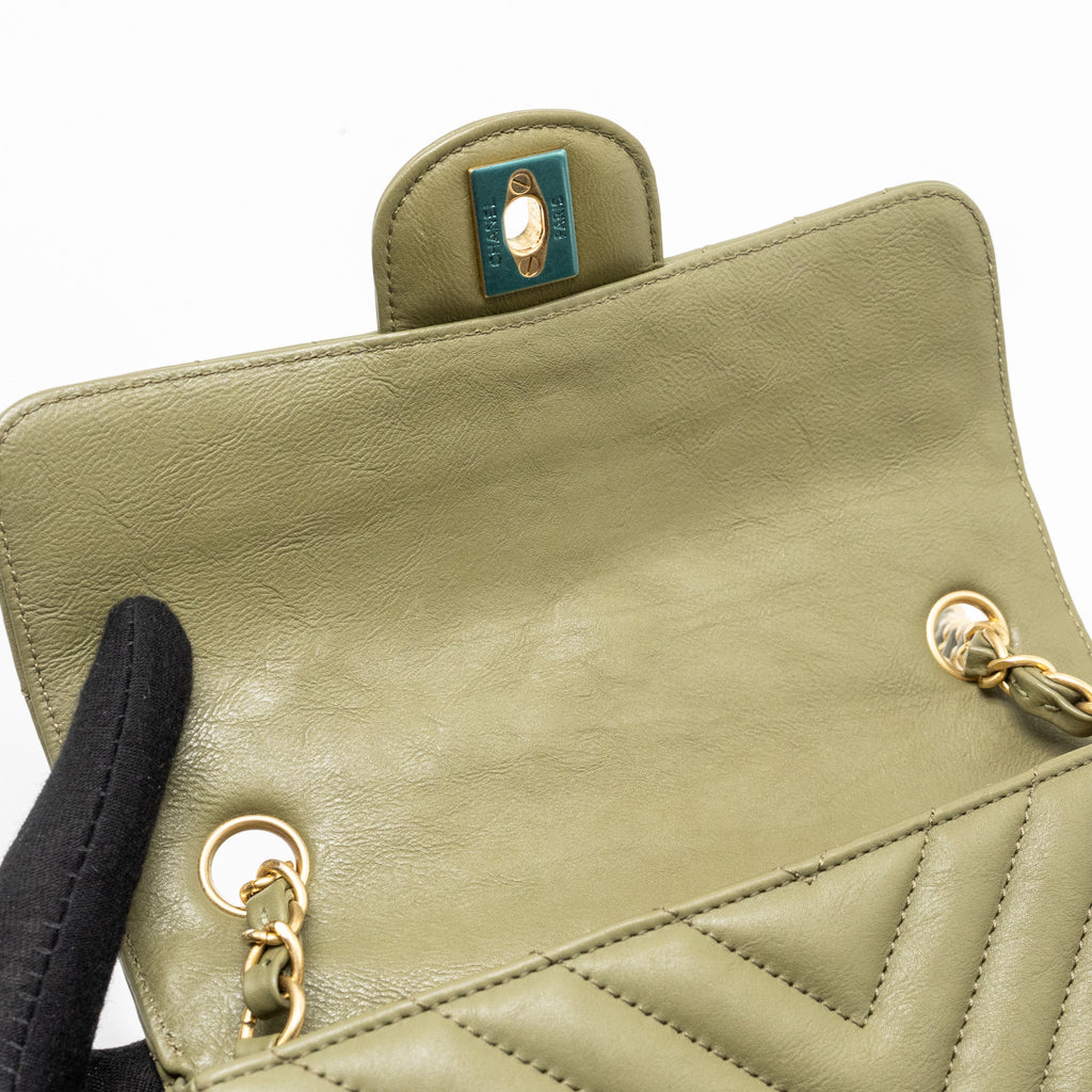 CHANEL CHEVRON MINI RECTANGULAR FLAP BAG CALFSKIN KHAKI GHW