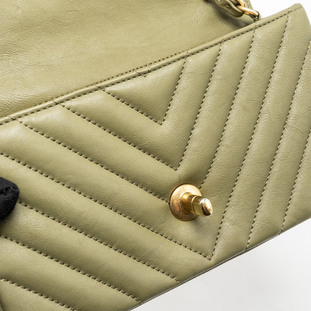 CHANEL CHEVRON MINI RECTANGULAR FLAP BAG CALFSKIN KHAKI GHW