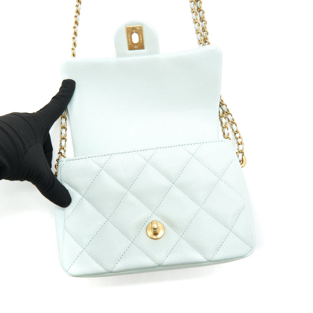 CHANEL 21K MY PERFECT MINI FLAP BAG CAVIAR IRIDESCENT PASTEL GREEN GHW (MICROCHIP)