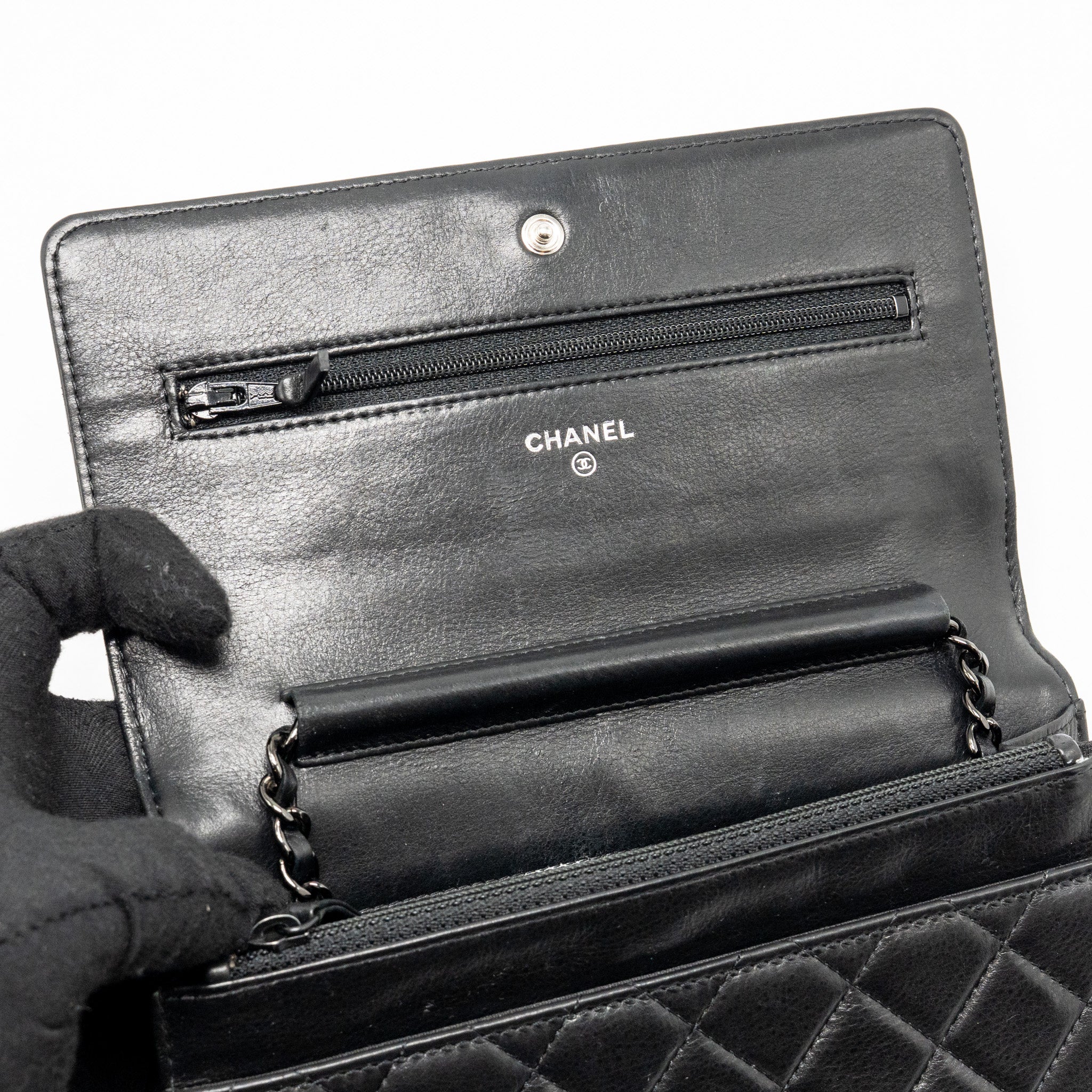 CHANEL BOY WALLET ON CHAIN CALFSKIN BLACK WITH BLACK HARDWARE