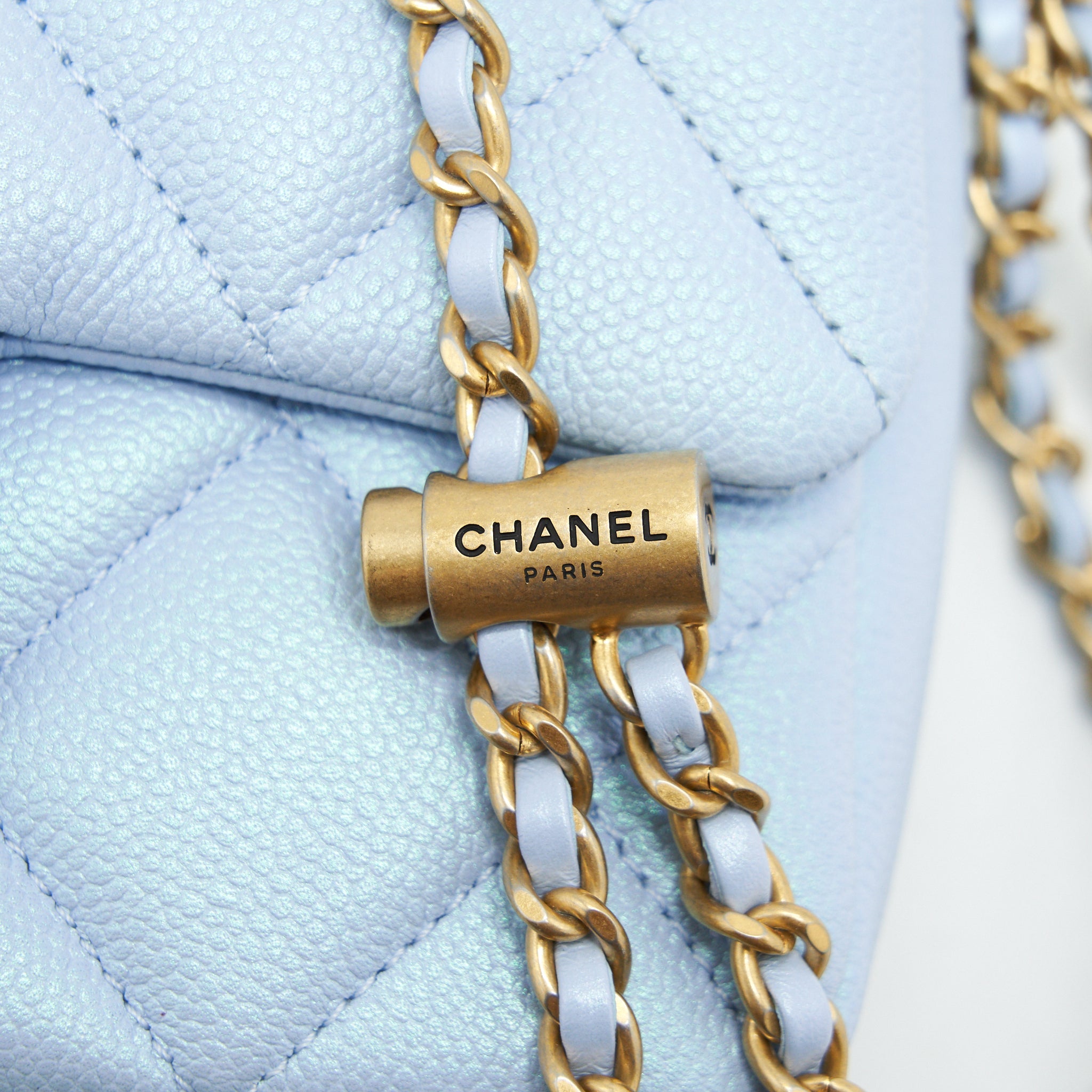 CHANEL 21K MY PERFECT MINI FLAP BAG CAVIAR IRIDESCENT LIGHT BLUE GHW (MICROCHIP)