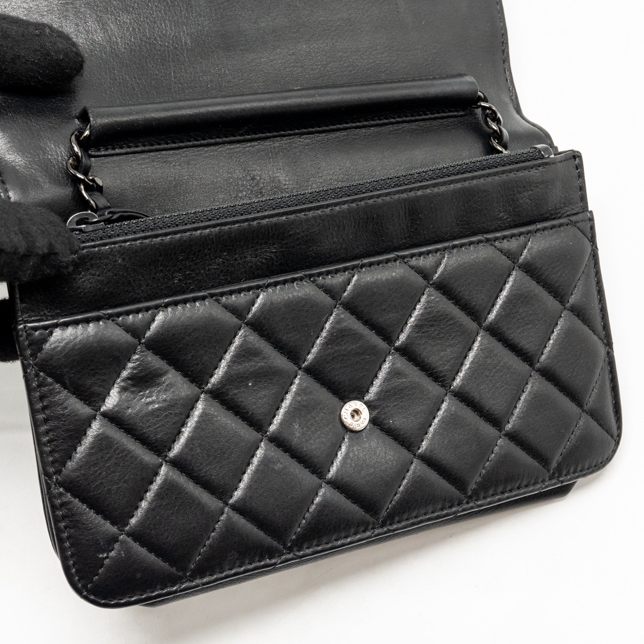 CHANEL BOY WALLET ON CHAIN CALFSKIN BLACK WITH BLACK HARDWARE