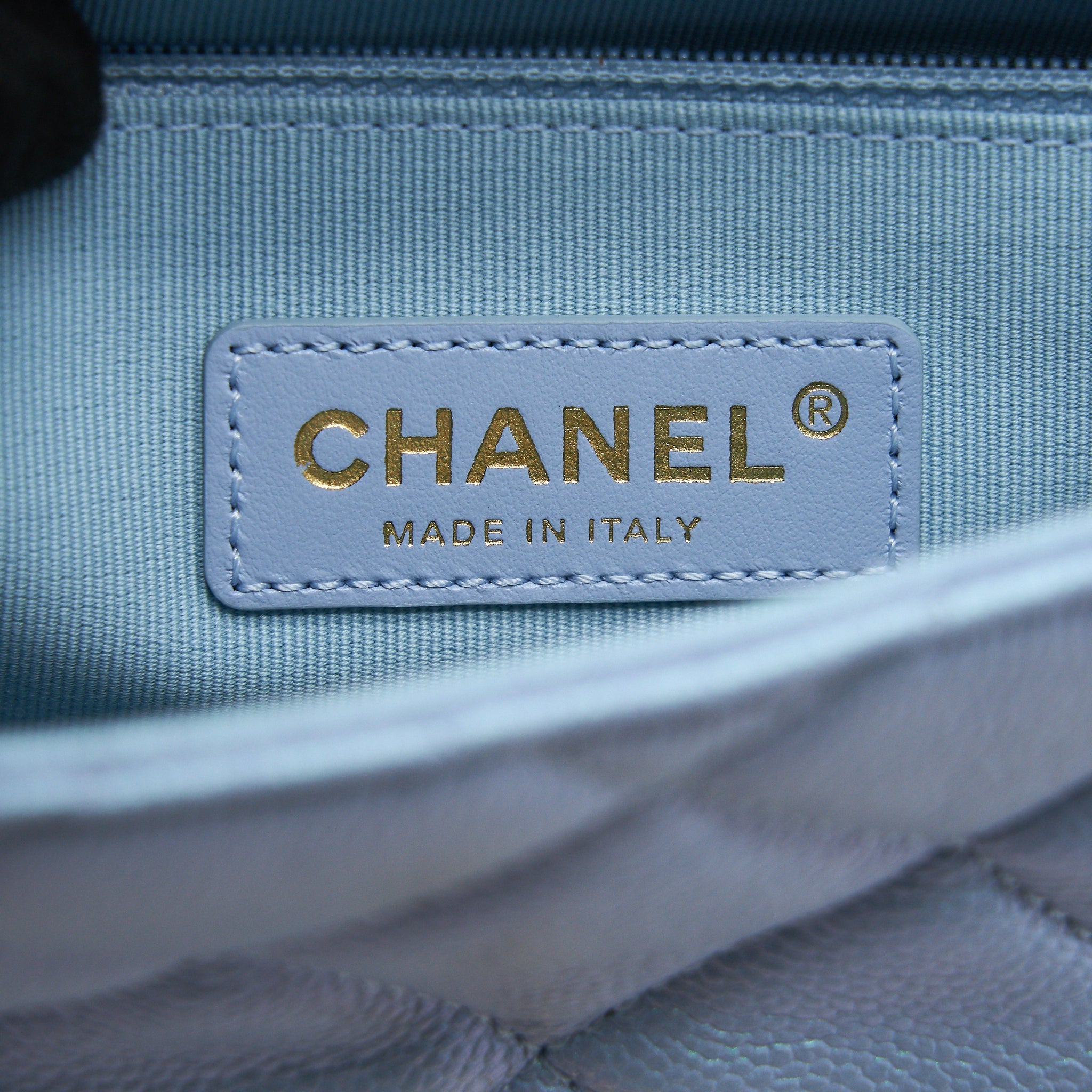 CHANEL 21K MY PERFECT MINI FLAP BAG CAVIAR IRIDESCENT LIGHT BLUE GHW (MICROCHIP)