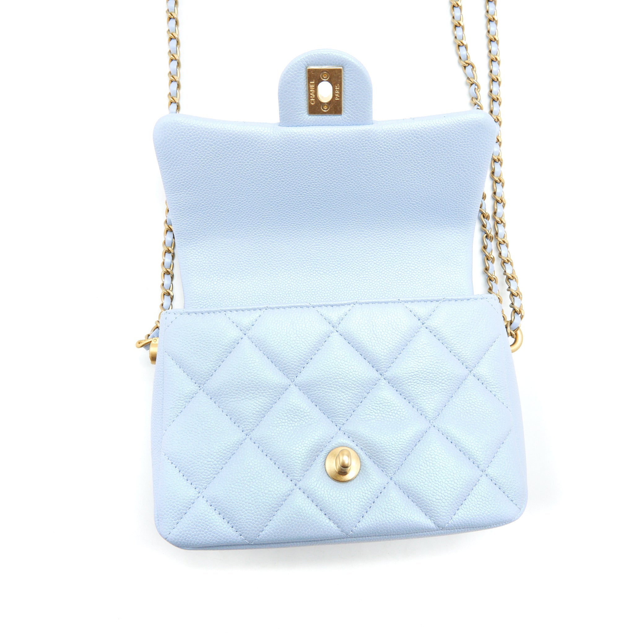 CHANEL 21K MY PERFECT MINI FLAP BAG CAVIAR IRIDESCENT LIGHT BLUE GHW (MICROCHIP)