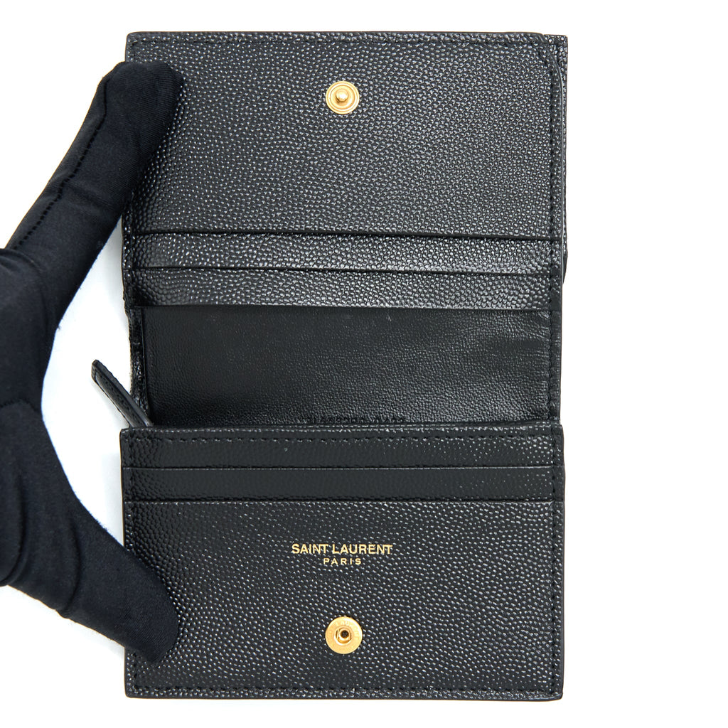 SAINT LAURENT / YSL PEBBLED LOGO PLAQUE CARDHOLDER GRAINED CALFSKIN BLACK GHW