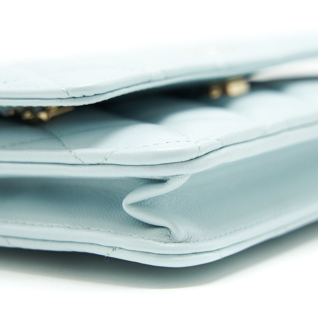 CHANEL RIBBON WALLET ON CHAIN LAMBSKIN LIGHT BLUE LGHW
