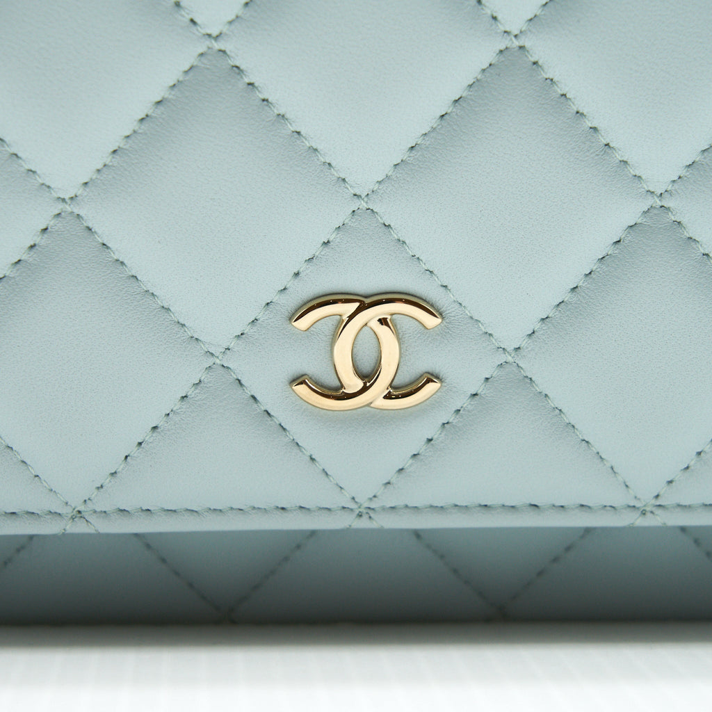 CHANEL RIBBON WALLET ON CHAIN LAMBSKIN LIGHT BLUE LGHW