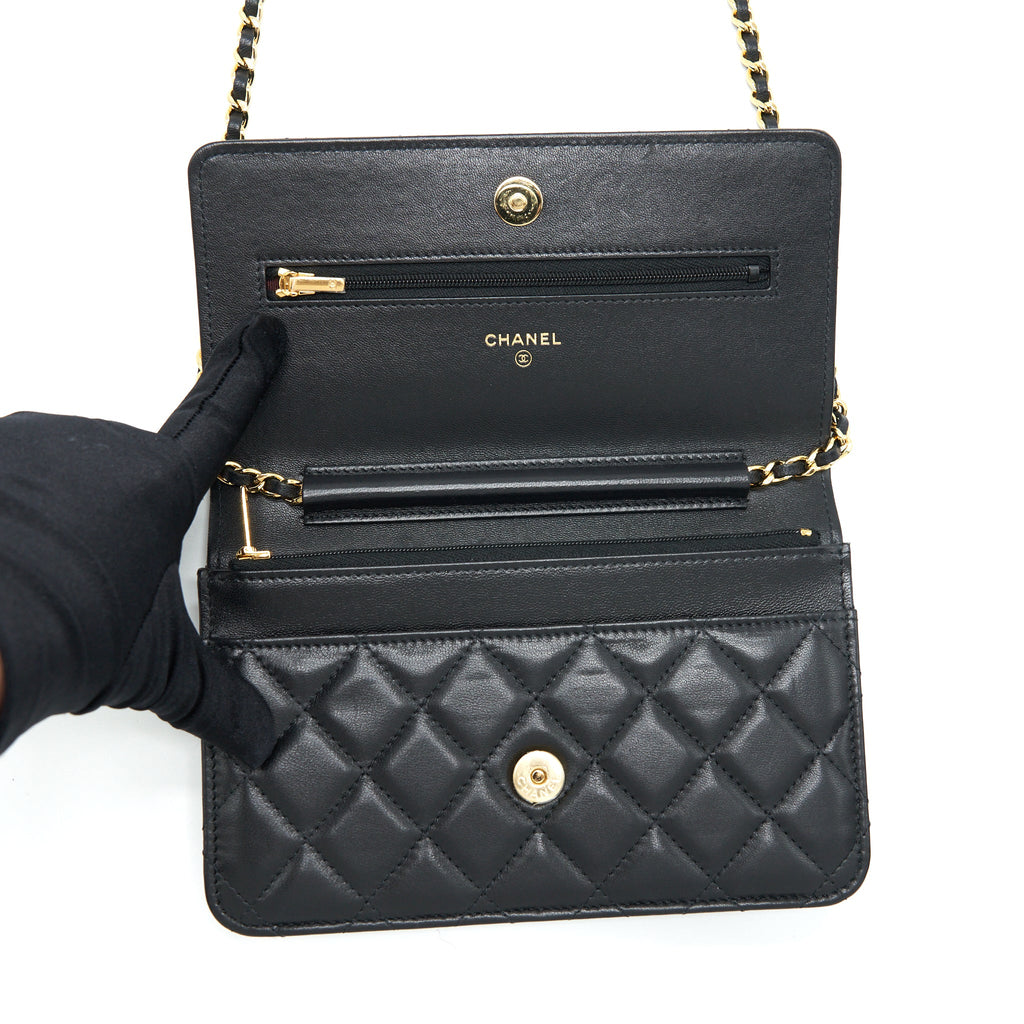 CHANEL CLASSIC WALLET ON CHAINS LAMBSKIN BLACK GHW(MICROCHIP)