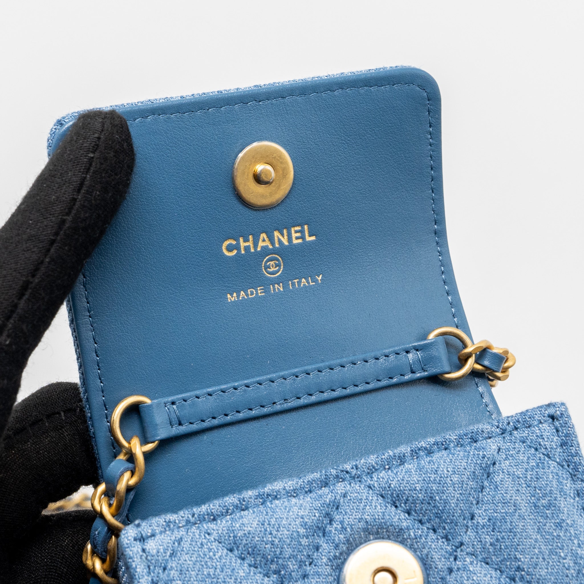 CHANEL MINI VERTICAL FLAP CLUTCH WITH CHAIN DENIM BLUE GHW (MICROCHIP)