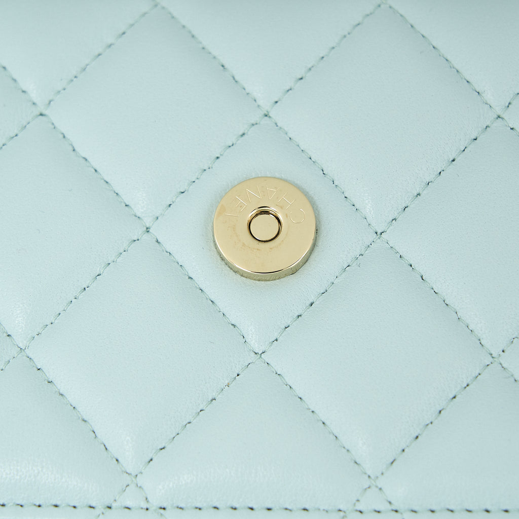 CHANEL RIBBON WALLET ON CHAIN LAMBSKIN LIGHT BLUE LGHW