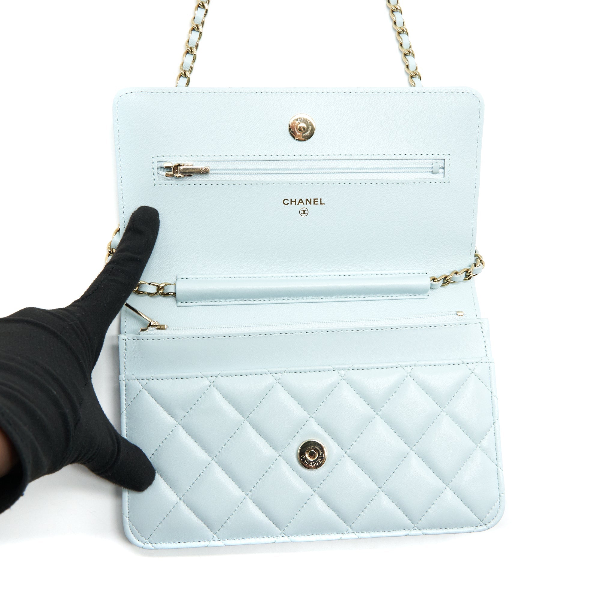 CHANEL RIBBON WALLET ON CHAIN LAMBSKIN LIGHT BLUE LGHW