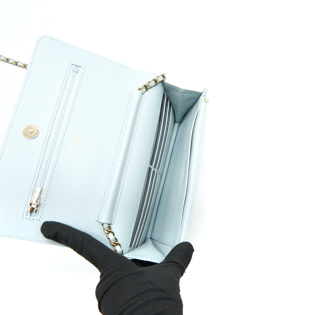 CHANEL RIBBON WALLET ON CHAIN LAMBSKIN LIGHT BLUE LGHW