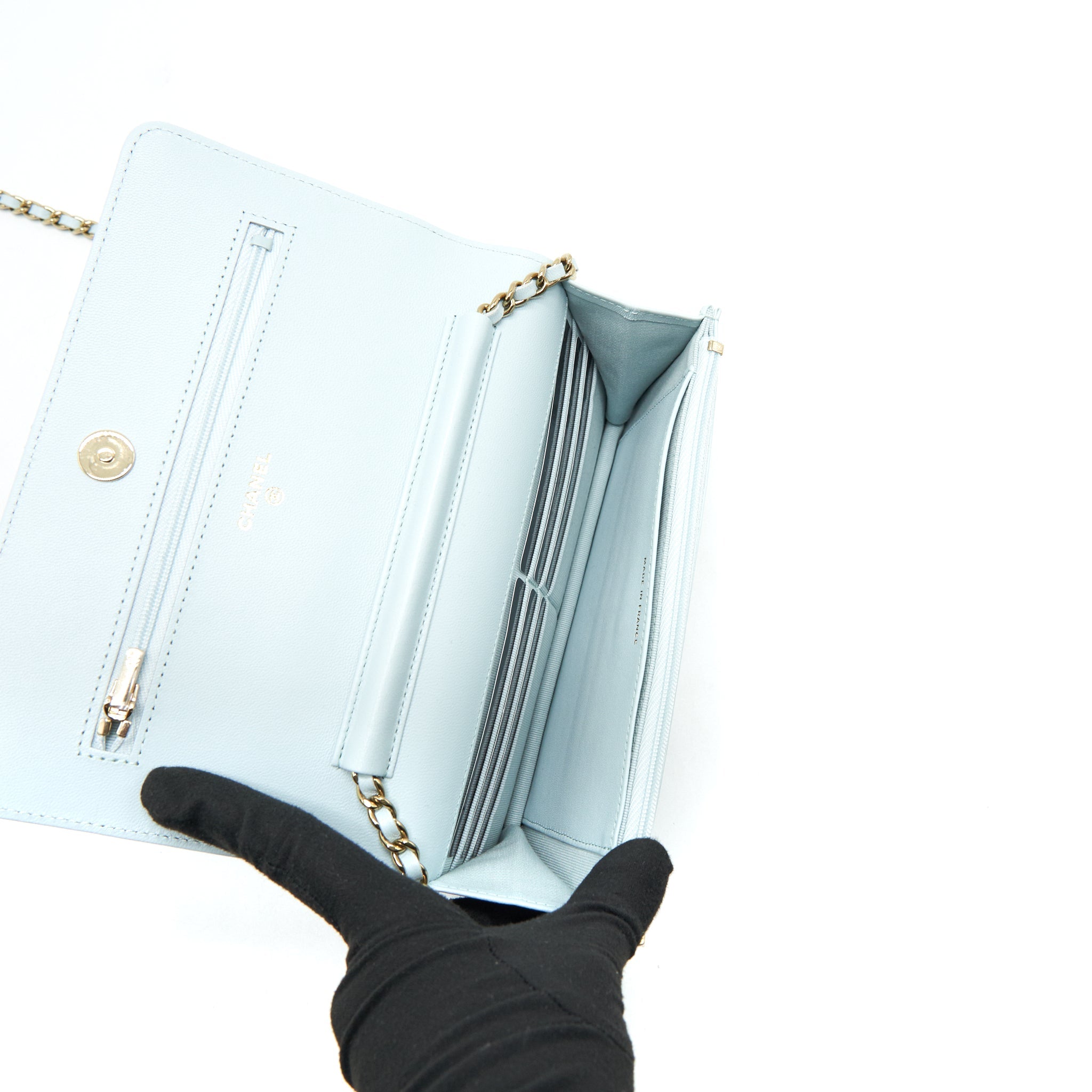 CHANEL RIBBON WALLET ON CHAIN LAMBSKIN LIGHT BLUE LGHW