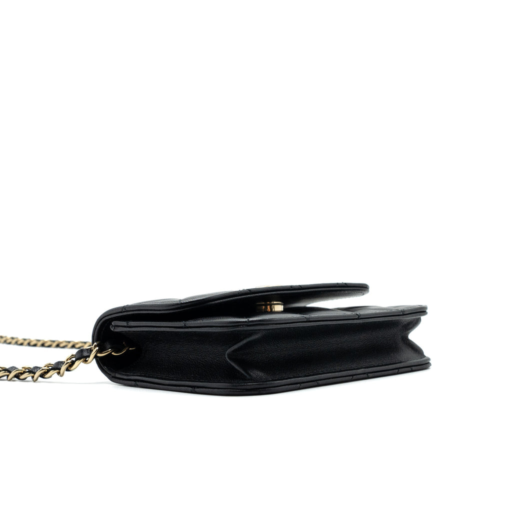 CHANEL MINI FLAP CARD HOLDER WITH RIBBON CHAIN LAMBSKIN BLACK LGHW