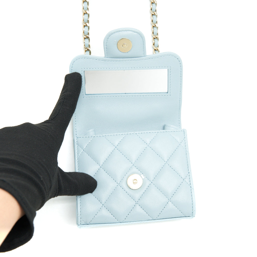 CHANEL 22P TOP HANDLE MINI VANITY ON CHAIN LAMBSKIN LIGHT BLUE LGHW