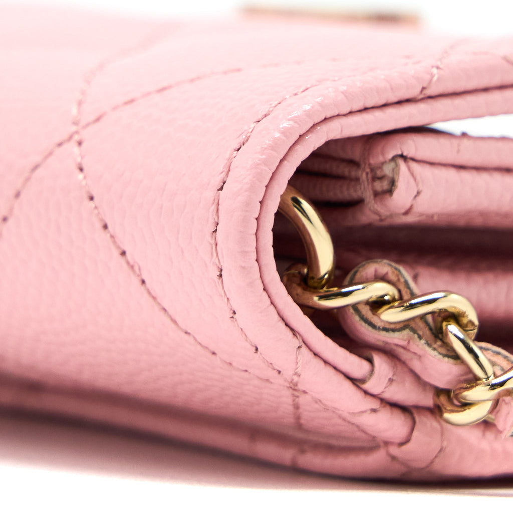 CHANEL 22C FLAP CARD HOLDER WITH CHAIN CAVIAR PINK LGHW