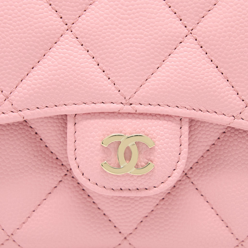 CHANEL 22C FLAP CARD HOLDER WITH CHAIN CAVIAR PINK LGHW