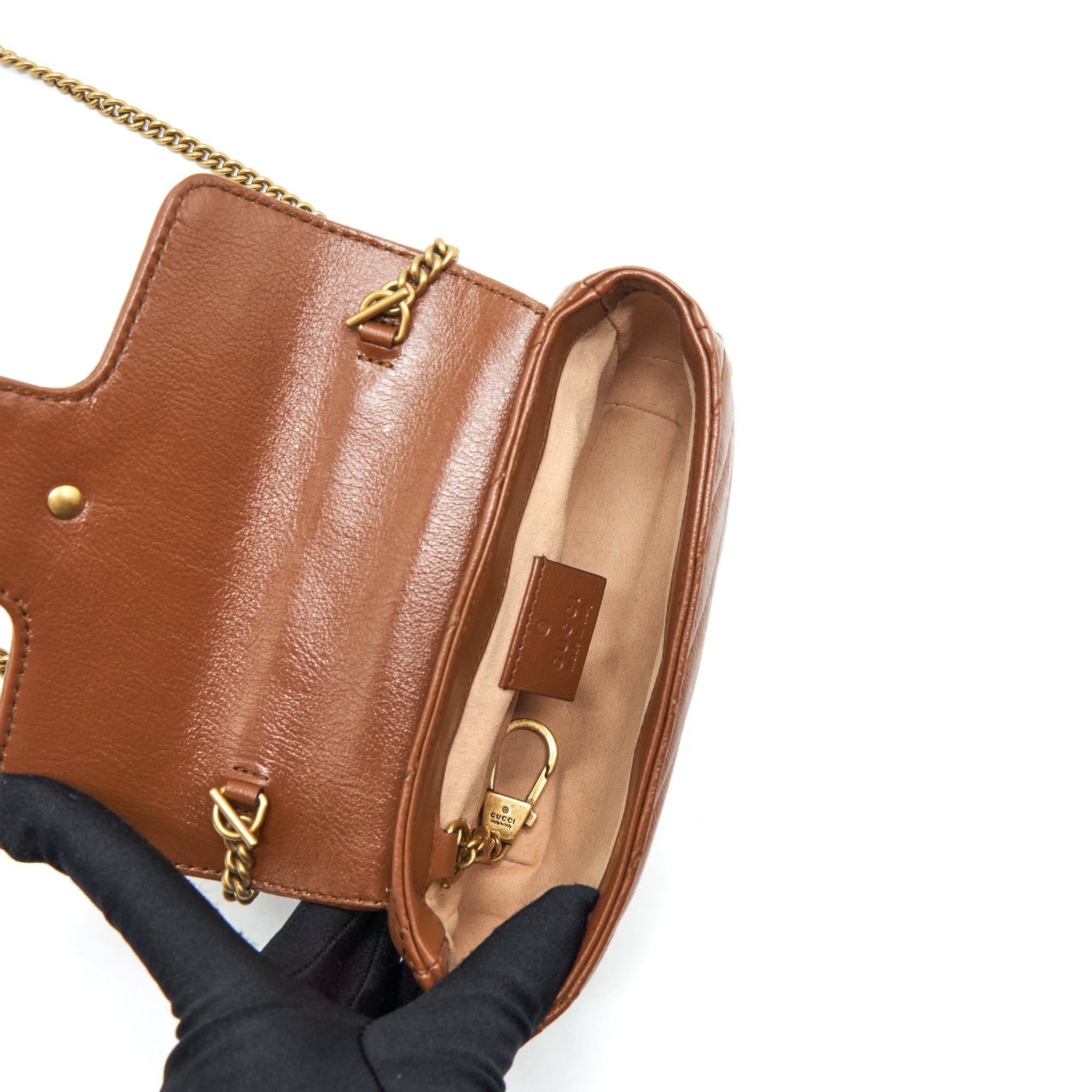 GUCCI GG MARMONT MATELASSE SUPER MINI BAG BROWN GHW