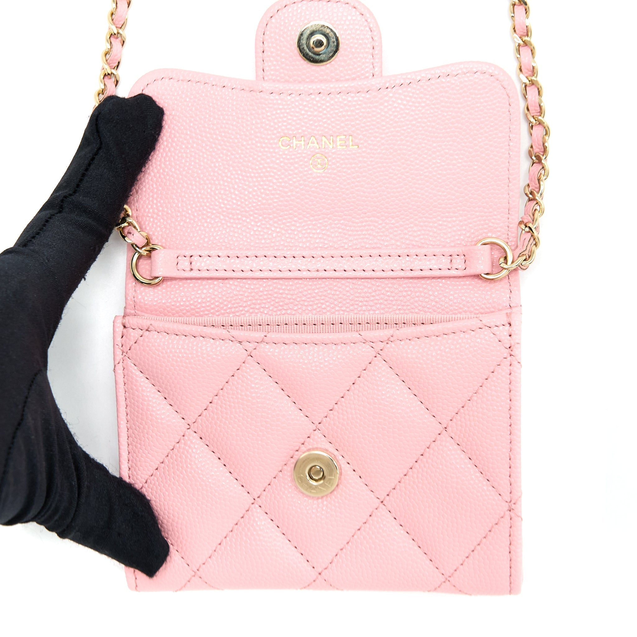 CHANEL 22C FLAP CARD HOLDER WITH CHAIN CAVIAR PINK LGHW