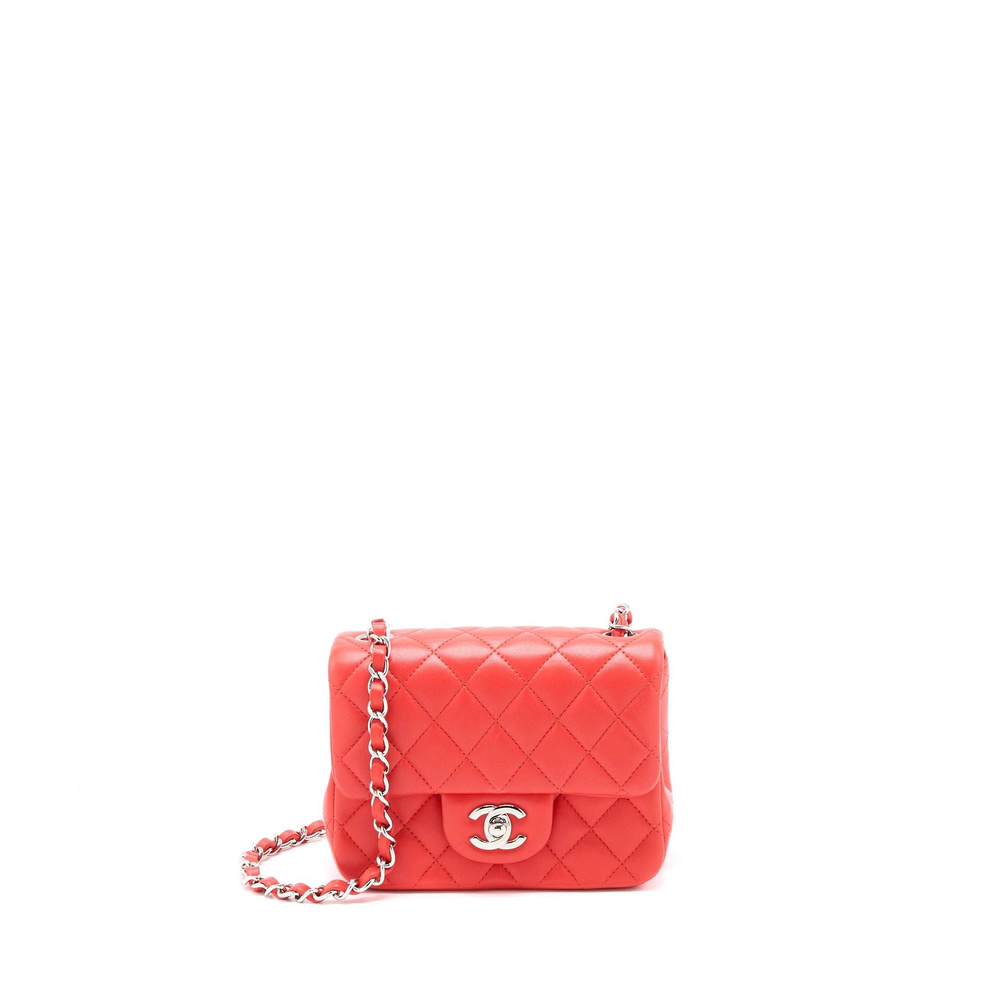 CHANEL MINI SQUARE FLAP BAG LAMBSKIN ORANGE RED SHW