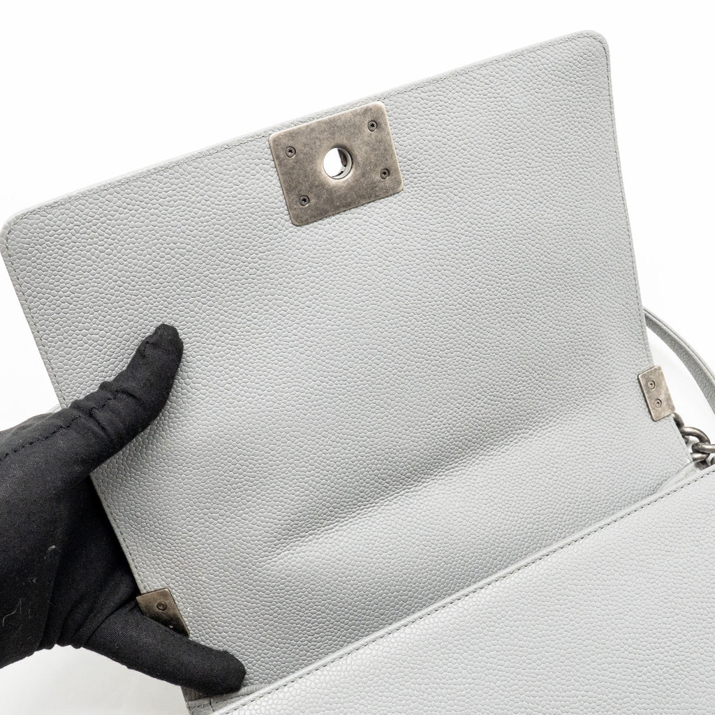 CHANEL MEDIUM BOY BAG CHEVRON CAVIAR GREY RUTHENIUM SILVER HARDWARE