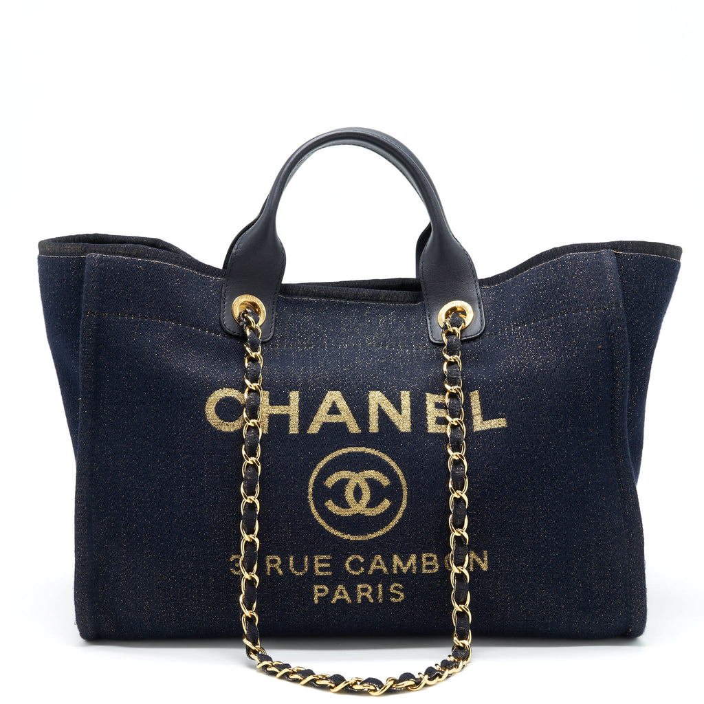 CHANEL DEAUVILLE TOTE BAG DENIM DARK BLUE/GOLD GHW