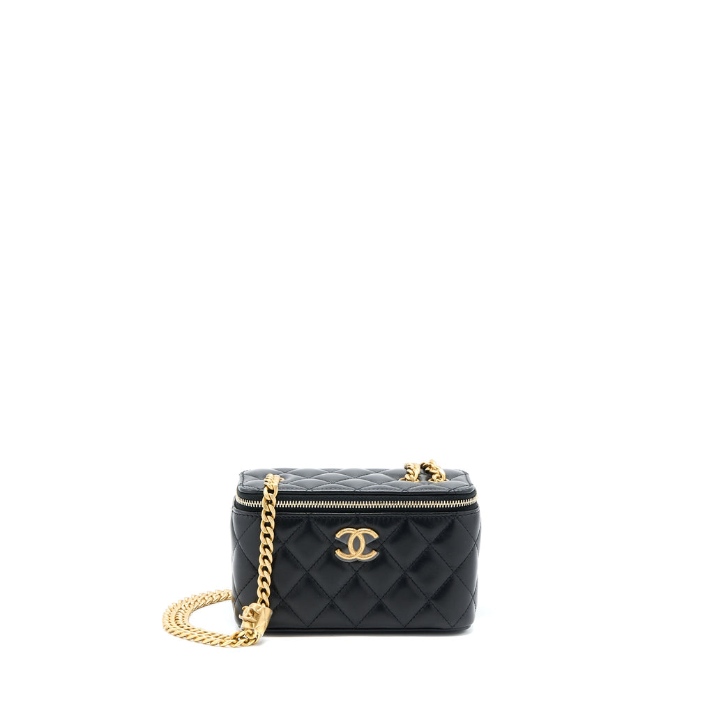 CHANEL 22K GOLD PILLAR ADJUSTABLE CHAIN LONG VANITY LAMBSKIN BLACK GHW (MICROCHIP)