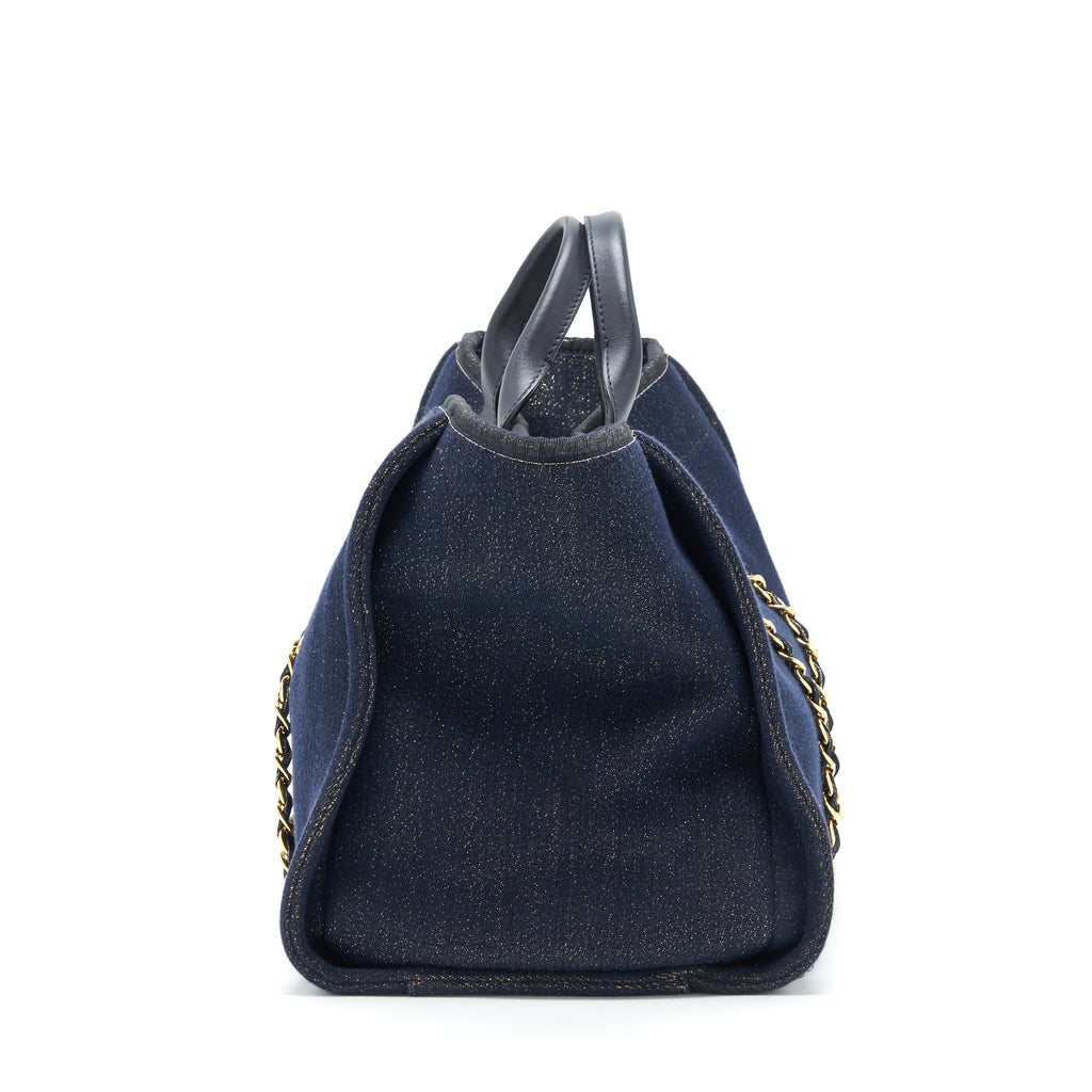 CHANEL DEAUVILLE TOTE BAG DENIM DARK BLUE/GOLD GHW