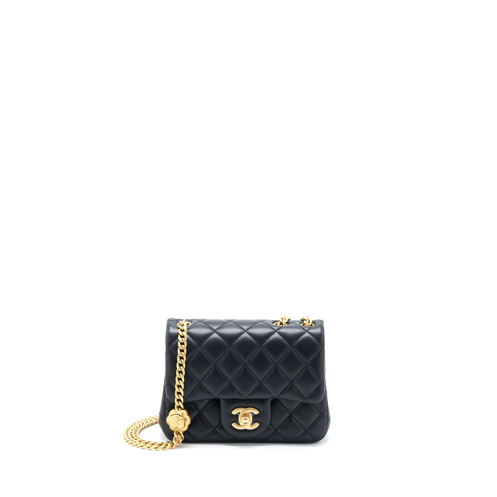 CHANEL 23S CAMELLIA CHAIN MINI SQUARE FLAP BAG LAMBSKIN BLACK BRUSHED GHW (MICROCHIP)