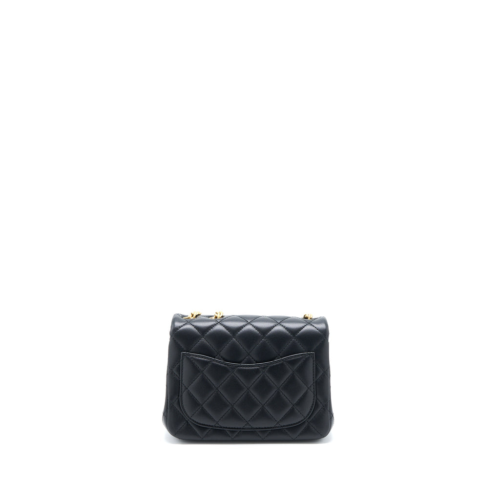 CHANEL 23S CAMELLIA CHAIN MINI SQUARE FLAP BAG LAMBSKIN BLACK BRUSHED GHW (MICROCHIP)