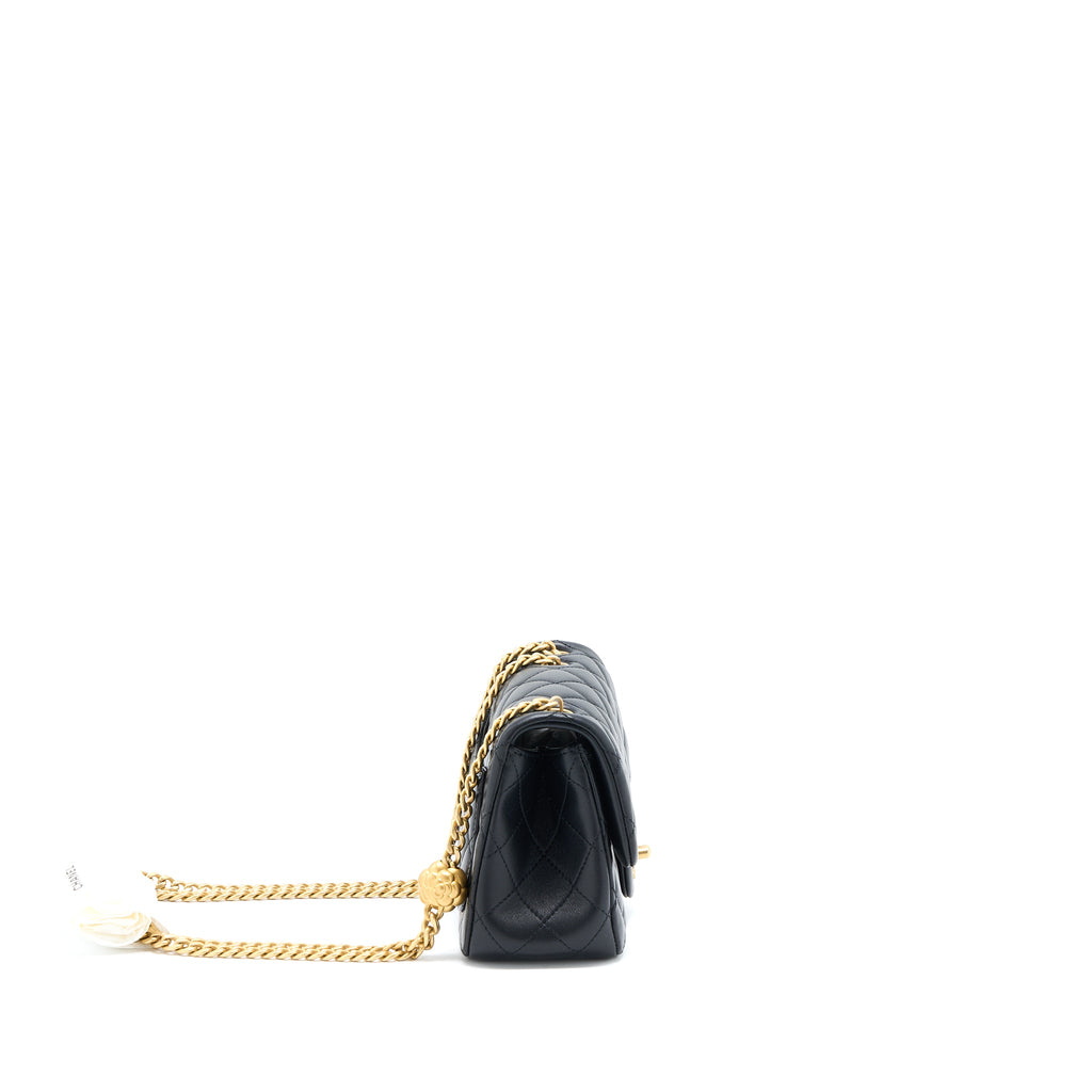 CHANEL 23S CAMELLIA CHAIN MINI SQUARE FLAP BAG LAMBSKIN BLACK BRUSHED GHW (MICROCHIP)