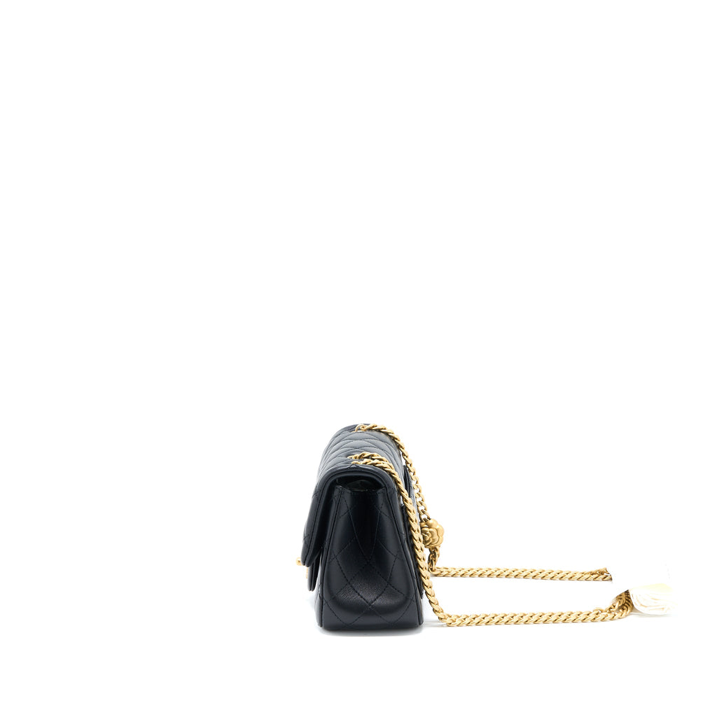 CHANEL 23S CAMELLIA CHAIN MINI SQUARE FLAP BAG LAMBSKIN BLACK BRUSHED GHW (MICROCHIP)