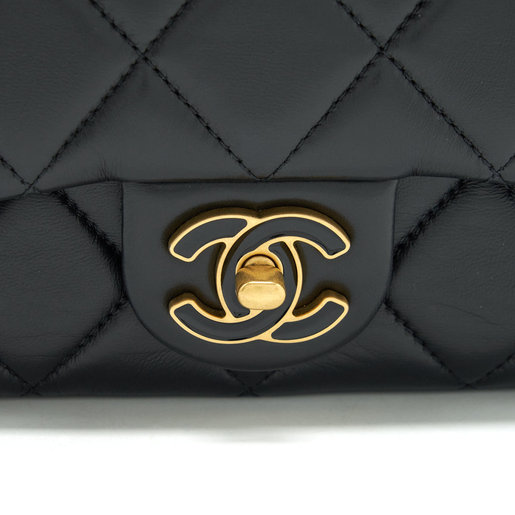 CHANEL 22P MINI SQUARE FLAP BAG LAMBSKIN BLACK GOLD/BLACK HARDWARE (MICROCHIP)