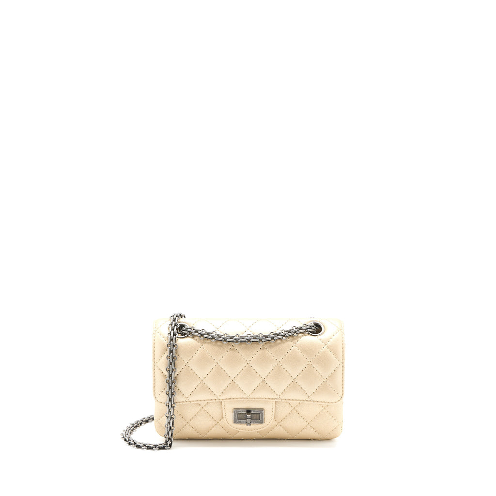 CHANEL 2.55 MINI REISSUE FLAP BAG LAMBSKIN LIGHT BEIGE RUTHENIUM HARDWARE