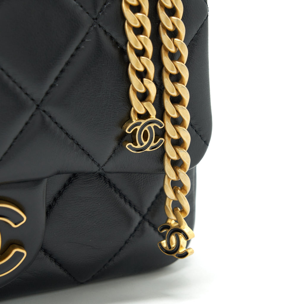 CHANEL 22P MINI SQUARE FLAP BAG LAMBSKIN BLACK GOLD/BLACK HARDWARE (MICROCHIP)