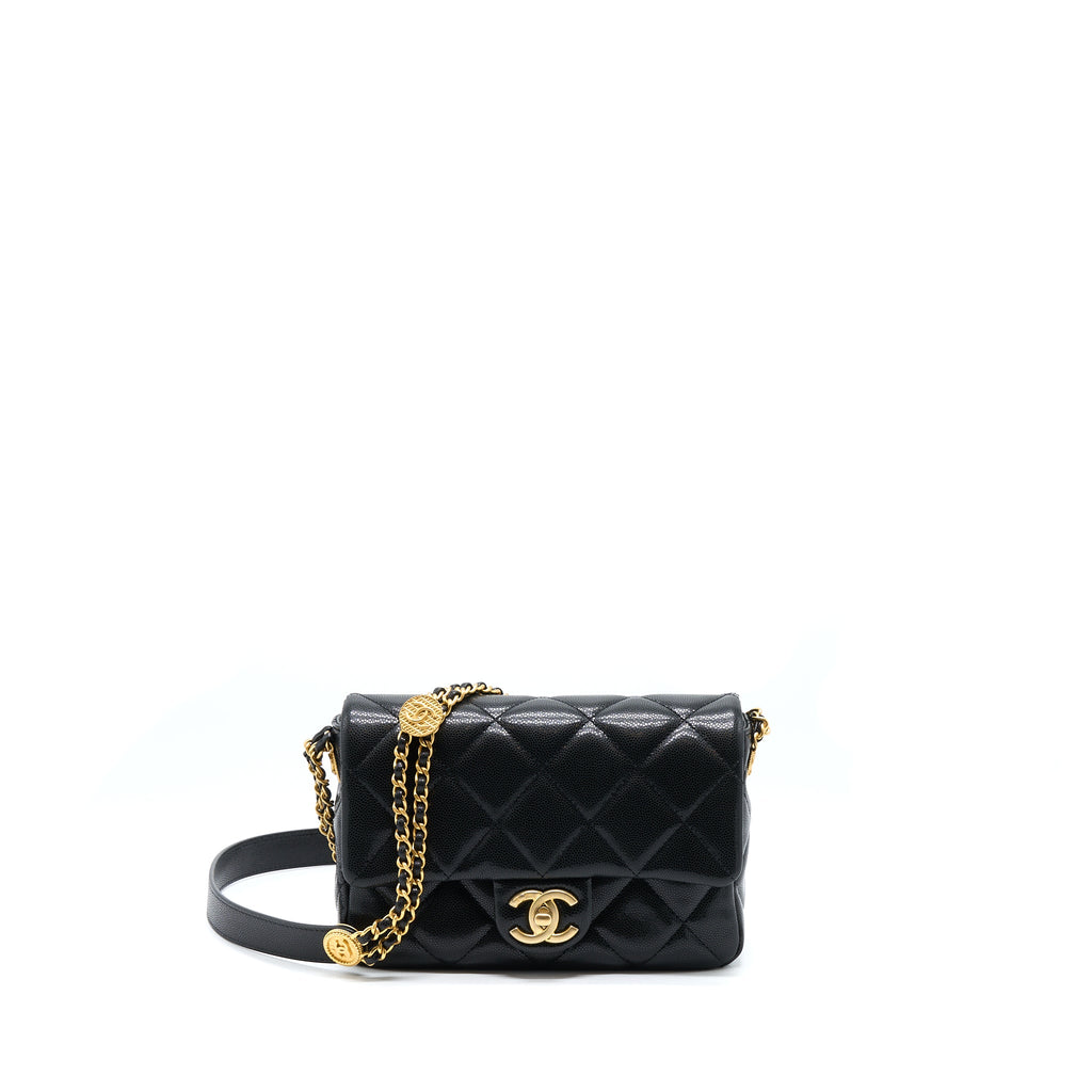 CHANEL 22A SMALL FLAP BAG CAVIAR BLACK BRUSHED GOLD HARDWARE(MICROCHIP)