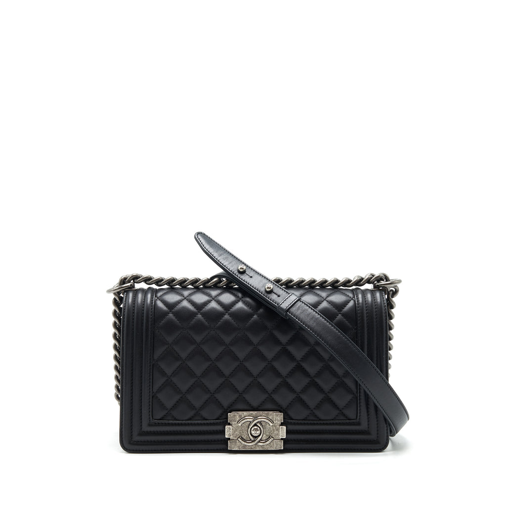 CHANEL MEDIUM BOY BLACK LAMBSKIN RUTHENIUM SHW