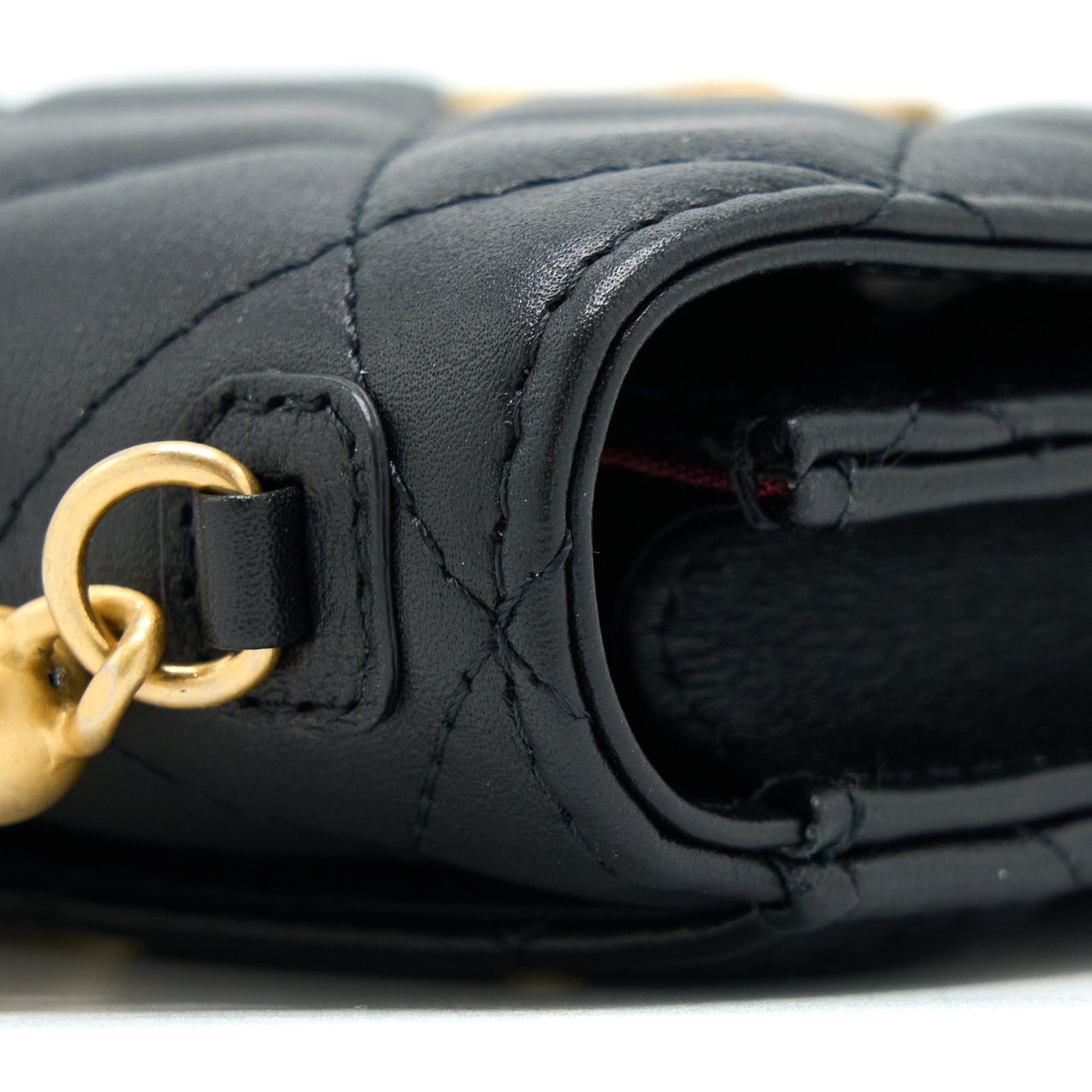 CHANEL VERTICAL FLAP PHONE POUCH WITH PEARL CHAIN LAMBSKIN BLACK BRUSHED GHW