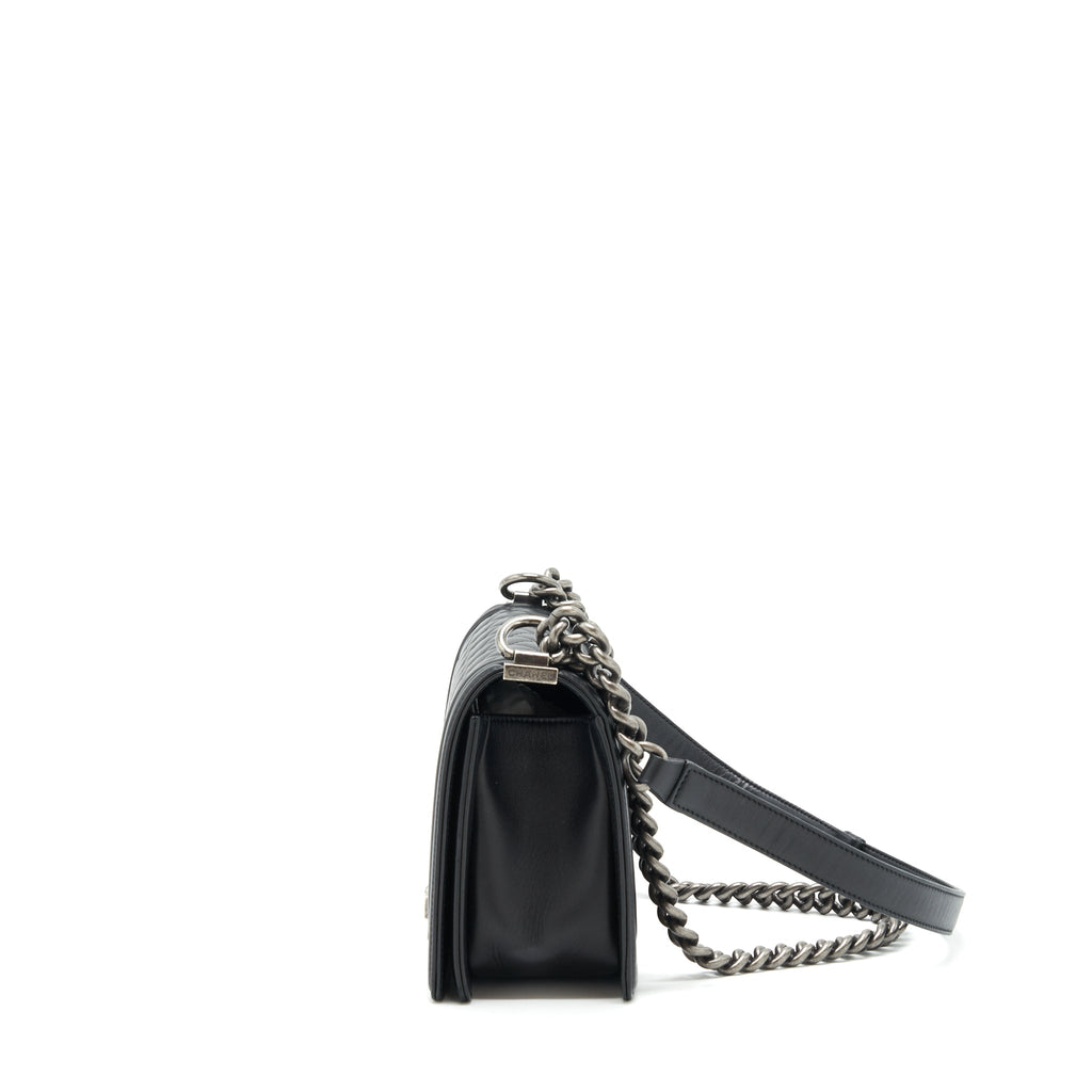 CHANEL MEDIUM BOY BLACK LAMBSKIN RUTHENIUM SHW