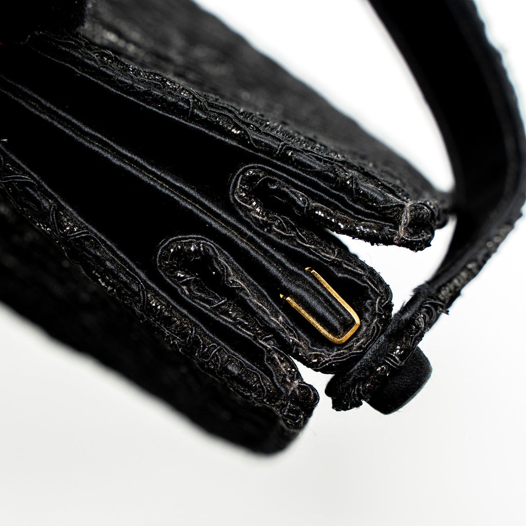 CHANEL VINTAGE DOUBLE SIDED TUMLOCK HANDBAG LACED SATIN BLACK GHW