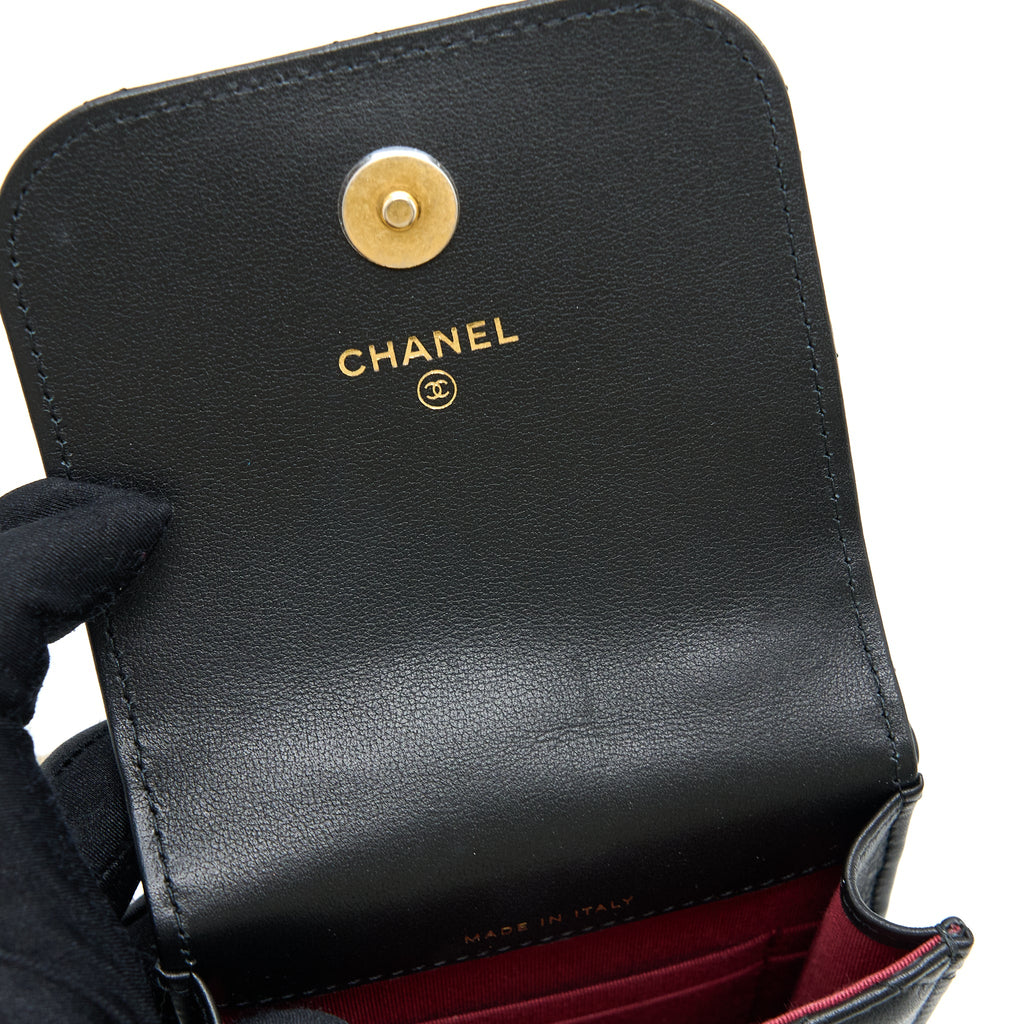 CHANEL VERTICAL FLAP PHONE POUCH WITH PEARL CHAIN LAMBSKIN BLACK BRUSHED GHW