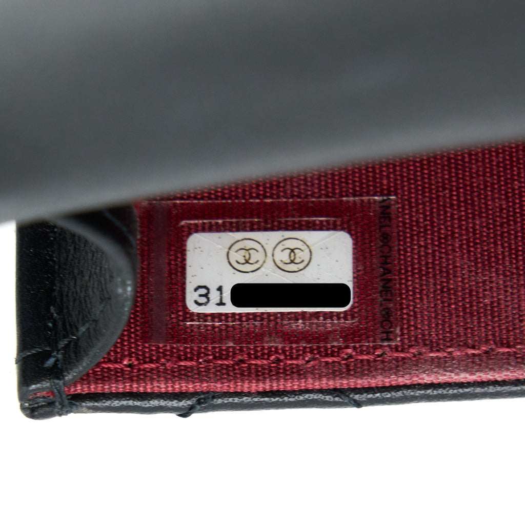 CHANEL VERTICAL FLAP PHONE POUCH WITH PEARL CHAIN LAMBSKIN BLACK BRUSHED GHW