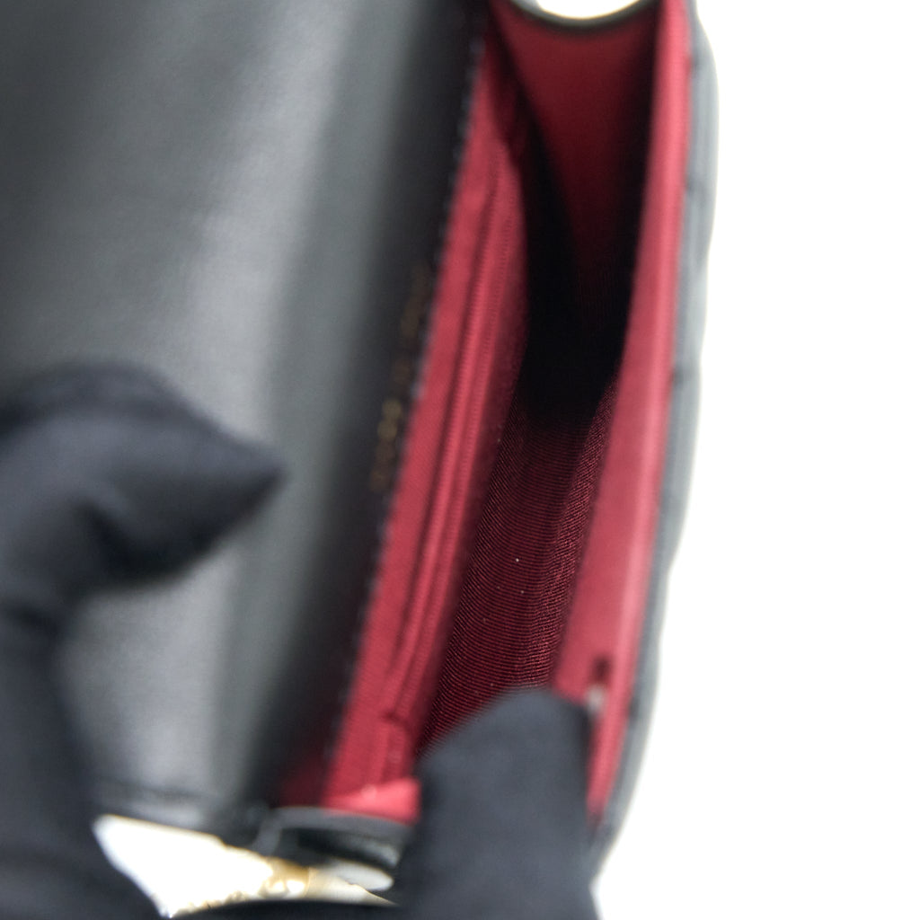 CHANEL VERTICAL FLAP PHONE POUCH WITH PEARL CHAIN LAMBSKIN BLACK BRUSHED GHW